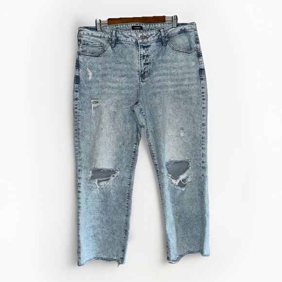 Express Jeans 90s Ankle Boot Mid Rise Light Wash Stretch Raw Hem Distress 14R - Picture 1 of 13